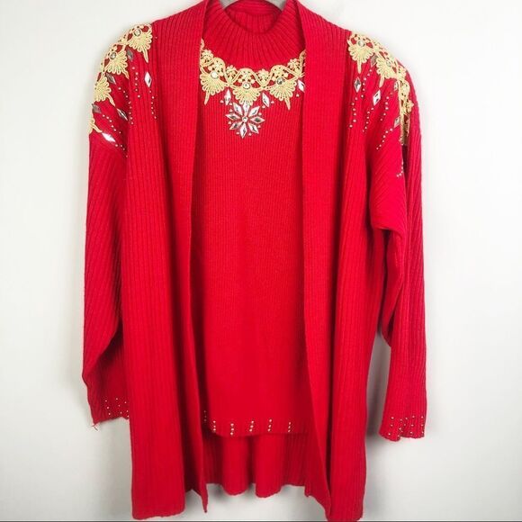 FOCUS USA | Vintage Sweater Set Red Gold Embellished Sleeveless Top & Cardigan - Picture 1 of 12